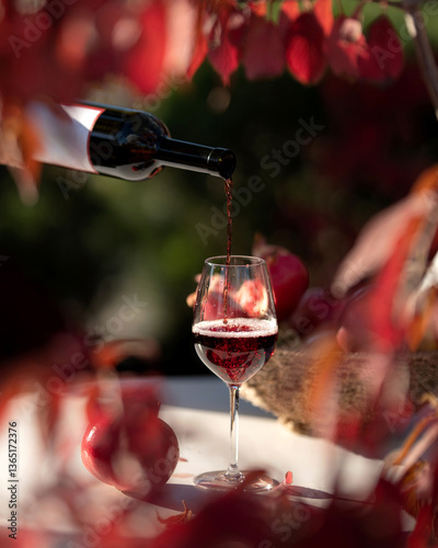Burgundy wineglass with red wine on table. Waiter pours ruby wine into bordeaux glass. Wine tasting. Aperitif. Alcohol beverage. Drink concept. Autumn atmosphere. Dinner in restaurant.