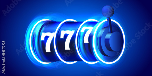 Neon slot machine coins wins the jackpot. 777 Big win casino concept.