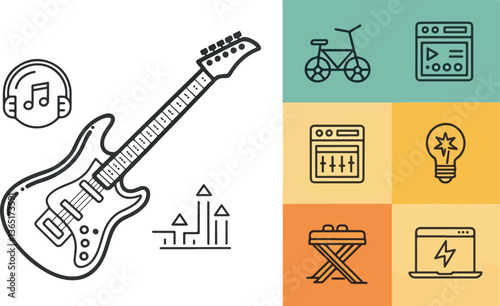 Electric Guitar Illustration vector design, Electric Guitar logo and icon design, Set of Electric Guitar icon design