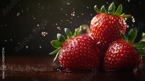 Fresh strawberries glisten with water droplets, highlighting their vibrant red color and green leaves against a dark background, evoking a sense of freshness and vitality.