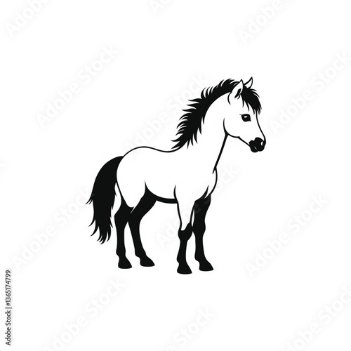 A minimalistic black and white vector illustration of a baby horse with drooping ears and a frown on a clean white background