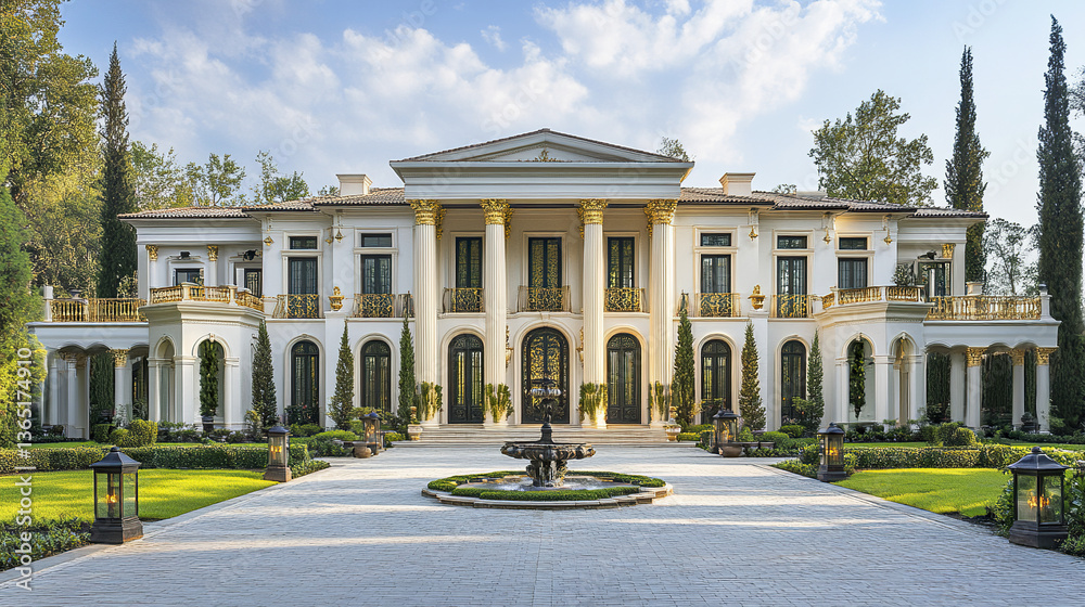 Fototapeta premium Luxurious white columned mansion with gold accents and lush gardens