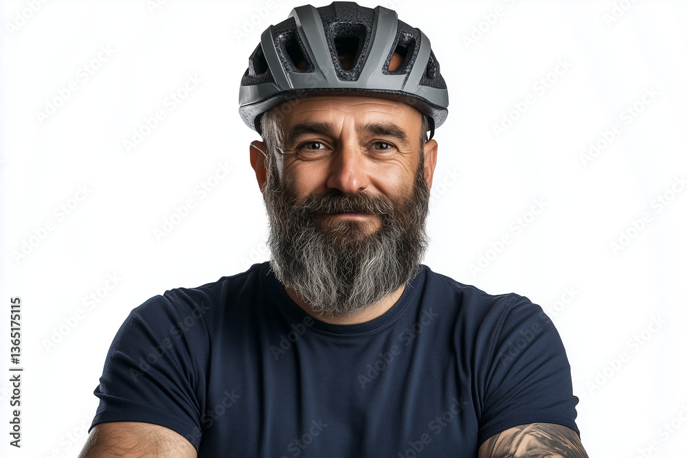 Fototapeta premium Portrait of a man with a beard and a gray cycling helmet. The focus is on his friendly expression and the safety gear he's wearing.