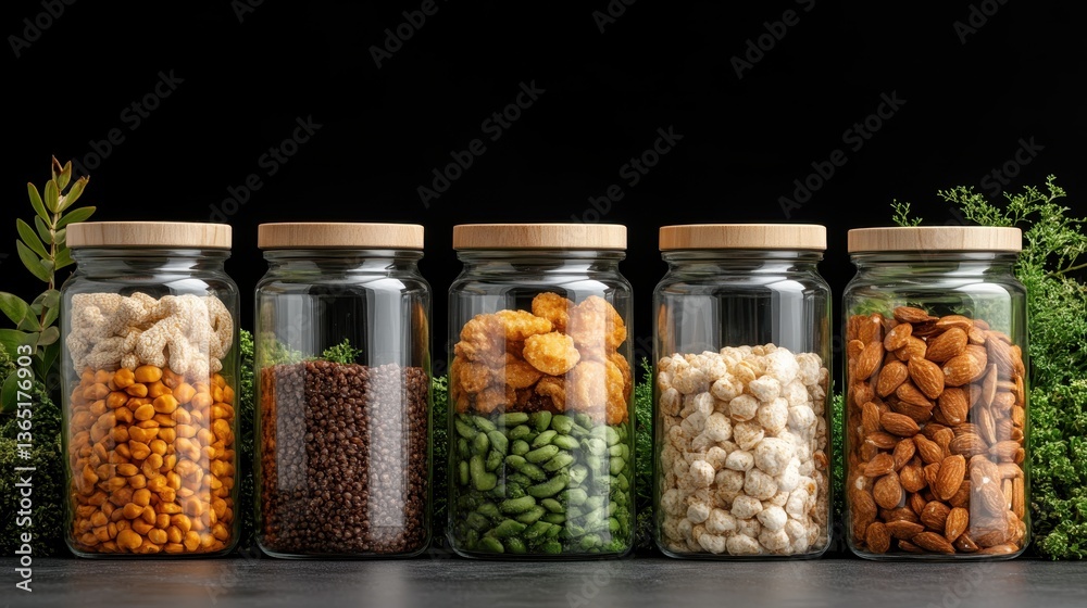 An aesthetically arranged collection of healthy ingredients in glass jars, embodying freshness and nutrition, perfect for promoting a healthy lifestyle and cooking inspiration. An aesthetically arranged collection of healthy ingredients in glass jars, embodying freshness and nutrition, perfect for promoting a healthy lifestyle and cooking inspiration.