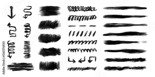 Oil paint stains, strokes and arrows in black grunge brush, abstract freehand drawings, and decorative stickers, dividers, lines, curves. Shapes and borders. Vector design elements.