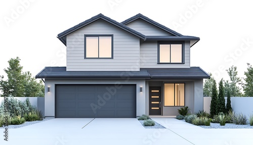 3D rendering of a modern two-story house isolated on a white background