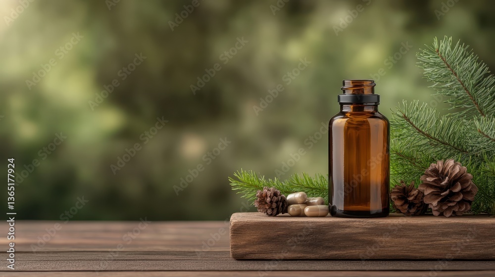An elegant brown glass bottle of essential oil is artfully placed on a wooden surface, accompanied by pinecones and evergreen, embodying natural health and harmony. An elegant brown glass bottle of essential oil is artfully placed on a wooden surface, accompanied by pinecones and evergreen, embodying natural health and harmony.
