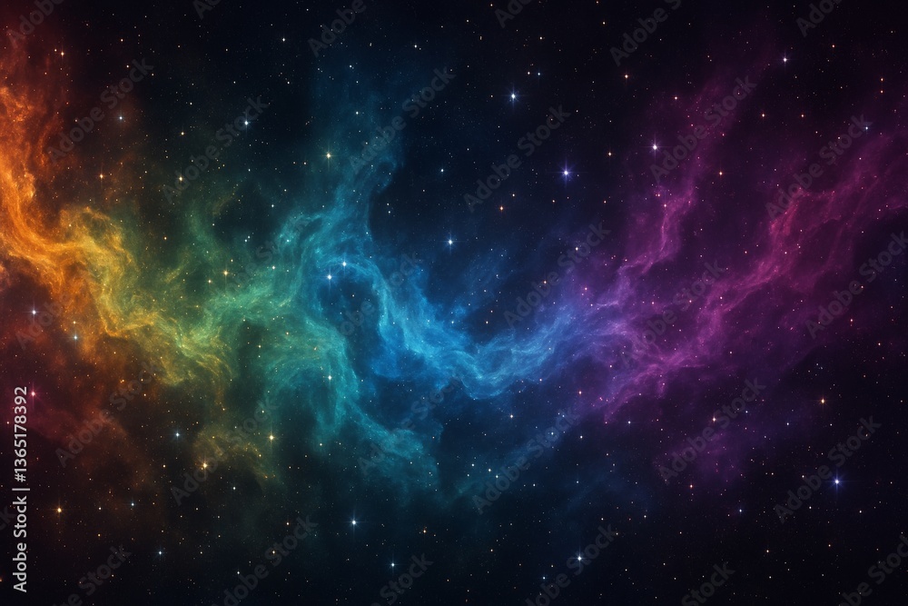 Naklejka premium Rainbow-colored nebula stream in starry space