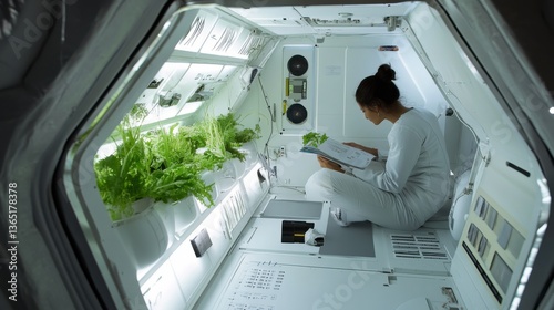 Fototapeta Naklejka Na Ścianę i Meble -  A space habitat designer developing sustainable living systems for long term space missions, space station mockup with life support systems, energy generation tools