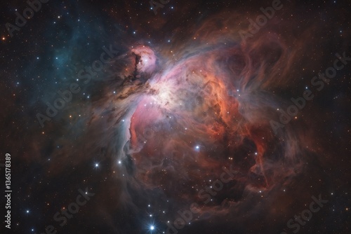 Bright red and pink nebula in deep galaxy
