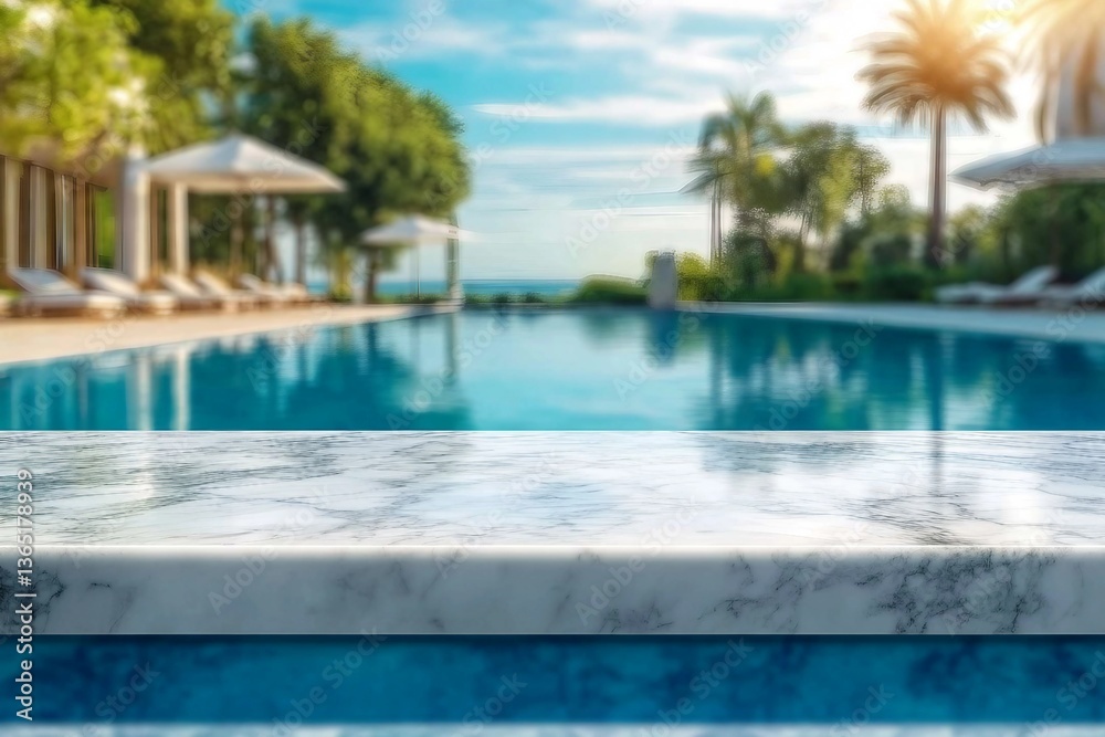 Fototapeta premium white marble top with blurred empty Swimming pool background can be used for mocking up or display product to make advertising.