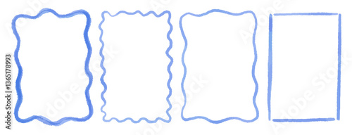 Rectangular frame with scalloped edges. Set of drawing wavy elegant outline frame in watercolor style