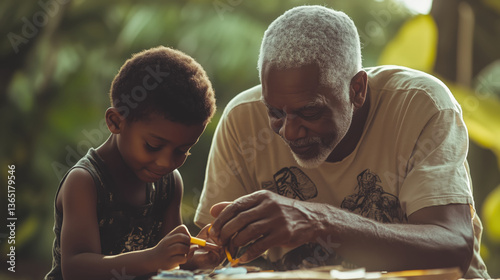 Smiling black grandfather old man teaching his happy grandson make some crafts in a summer garden country side on green blurred nature background