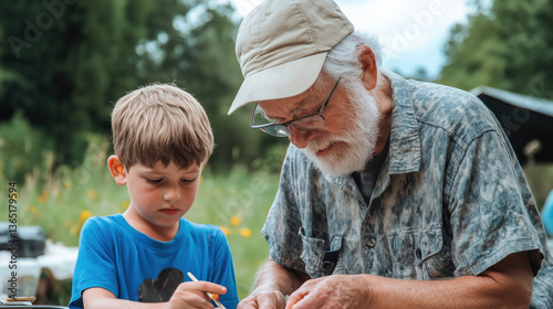 Smiling white grandfather old man teaching his grandson make some crafts in a summer garden country side on green blurred nature background