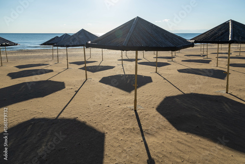 Fototapeta Naklejka Na Ścianę i Meble -  Wooden umbrellas  with clear shadows on an empty sandy beach on a sunny day in low season. Mediterranean, Side,  Antalya province, Turkey