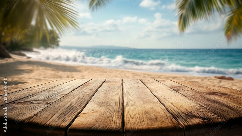 Fototapeta premium Wooden Table with Blurred Tropical Beach Background