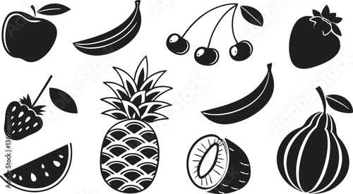 Set of fresh fruits and berries with vibrant colors including pineapple, mango, orange, lemon, and more, with green leaves and a natural, organic design