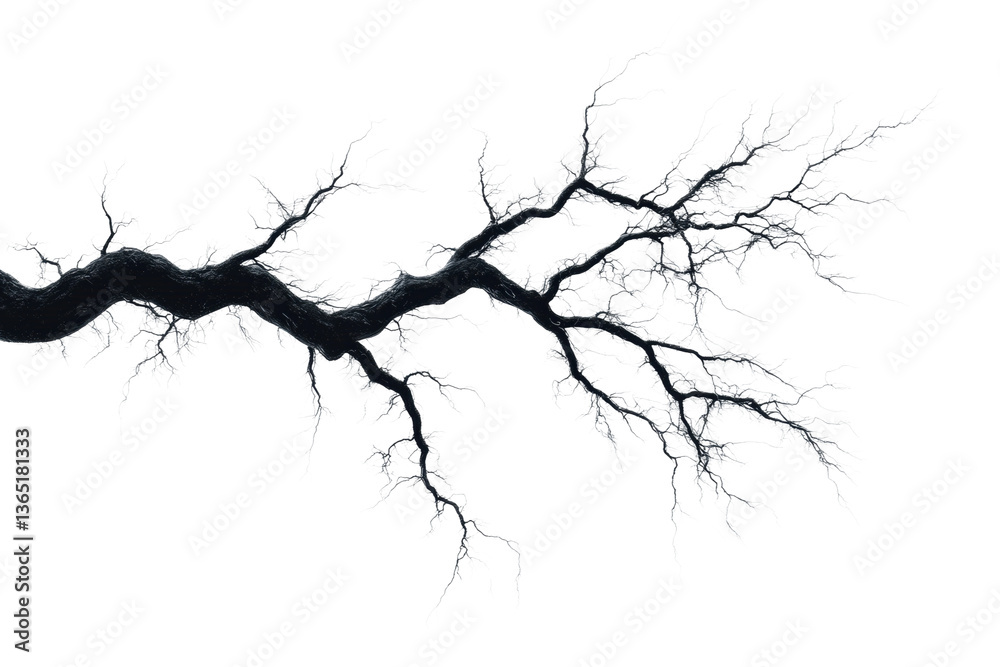 Fototapeta premium Intricate network of bare tree branches on black background, cut out