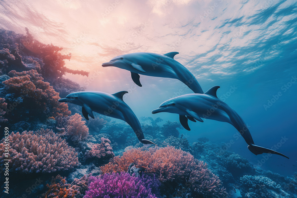 Fototapeta premium Three dolphins gracefully swim above a vibrant coral reef at sunset, a breathtaking underwater scene.