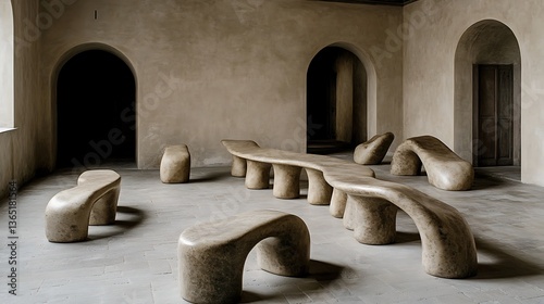 Unique abstract stone furniture arranged inside a spacious interior
