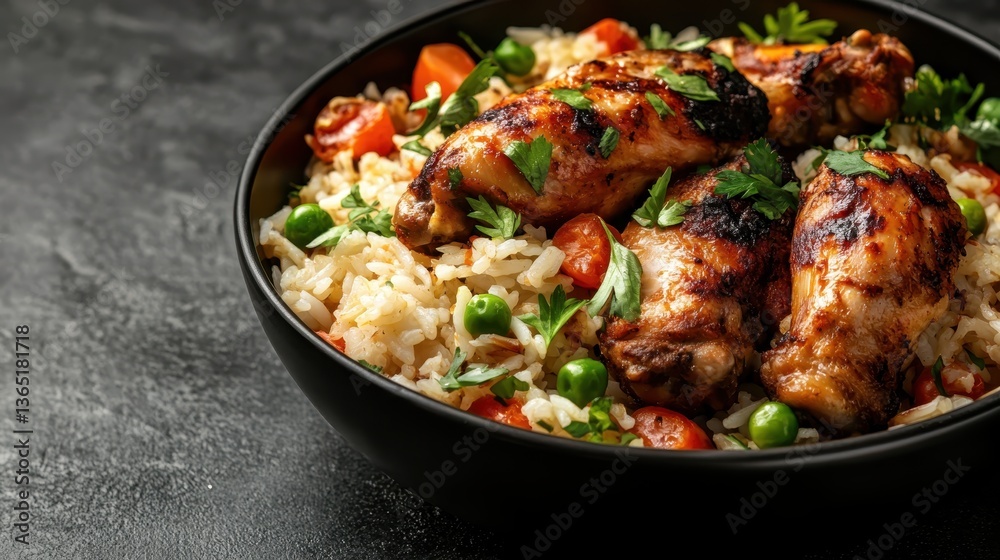 A delicious bowl featuring grilled chicken thighs atop fluffy rice, decorated with cherry tomatoes and fresh herbs, presents a vibrant and appetizing culinary experience. A delicious bowl featuring grilled chicken thighs atop fluffy rice, decorated with cherry tomatoes and fresh herbs, presents a vibrant and appetizing culinary experience.