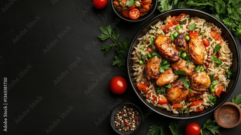 An enticing chicken and rice bowl garnished with vibrant vegetables and fresh herbs showcases a blend of flavors, making it a wholesome and visually stunning meal.