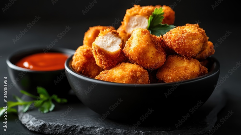 An inviting display of golden chicken nuggets served in a bowl, accompanied by a dip, creating a tempting snack that promises to satisfy cravings and bring joy to gatherings. An inviting display of golden chicken nuggets served in a bowl, accompanied by a dip, creating a tempting snack that promises to satisfy cravings and bring joy to gatherings.