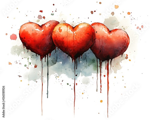 Three red watercolor hearts with paint drips and splatters