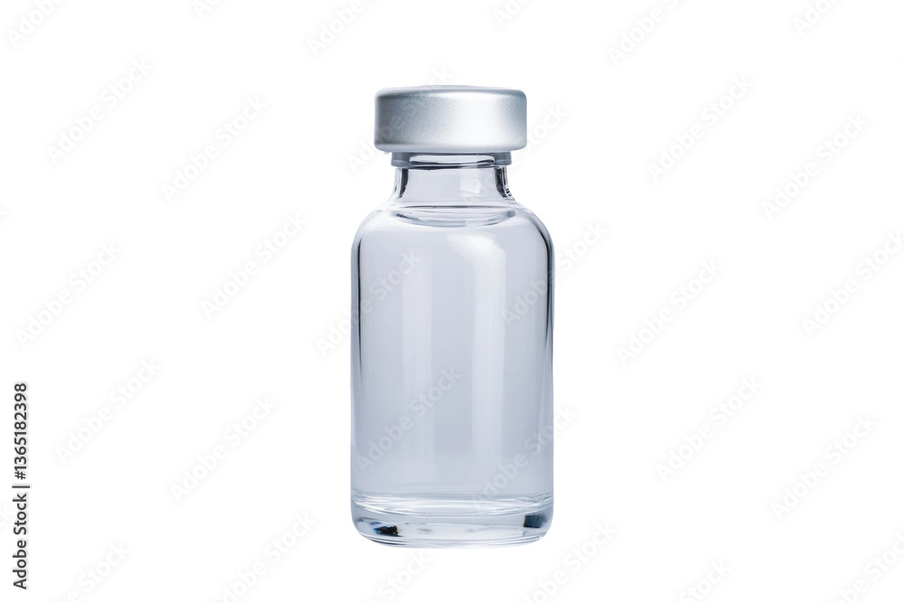 Clear glass vial with silver cap on transparent background, cut out Clear glass vial with silver cap on transparent background, cut out