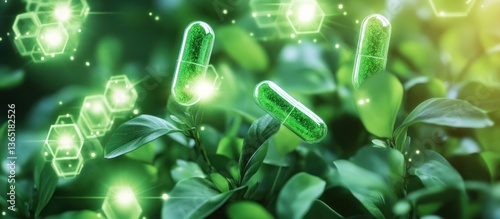 Green capsules float above healthy green plants and bright lights