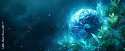 Abstract Digital Network with Glowing Blue Planet Earth on Dark Background
