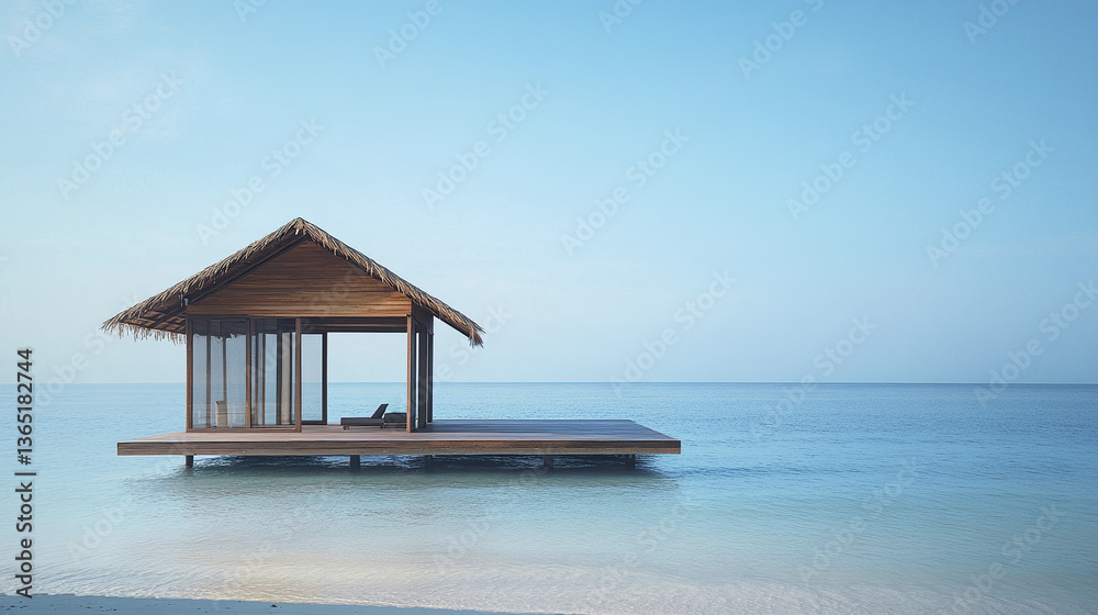 minimalist beach hut with clean wooden lines on serene ocean minimalist beach hut with clean wooden lines on serene ocean
