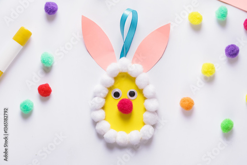 Pompons Activities. Fine Motor. Easter egg from pompoms. DIY Kids Craft concept. Step by step instruction. Step by step 5
