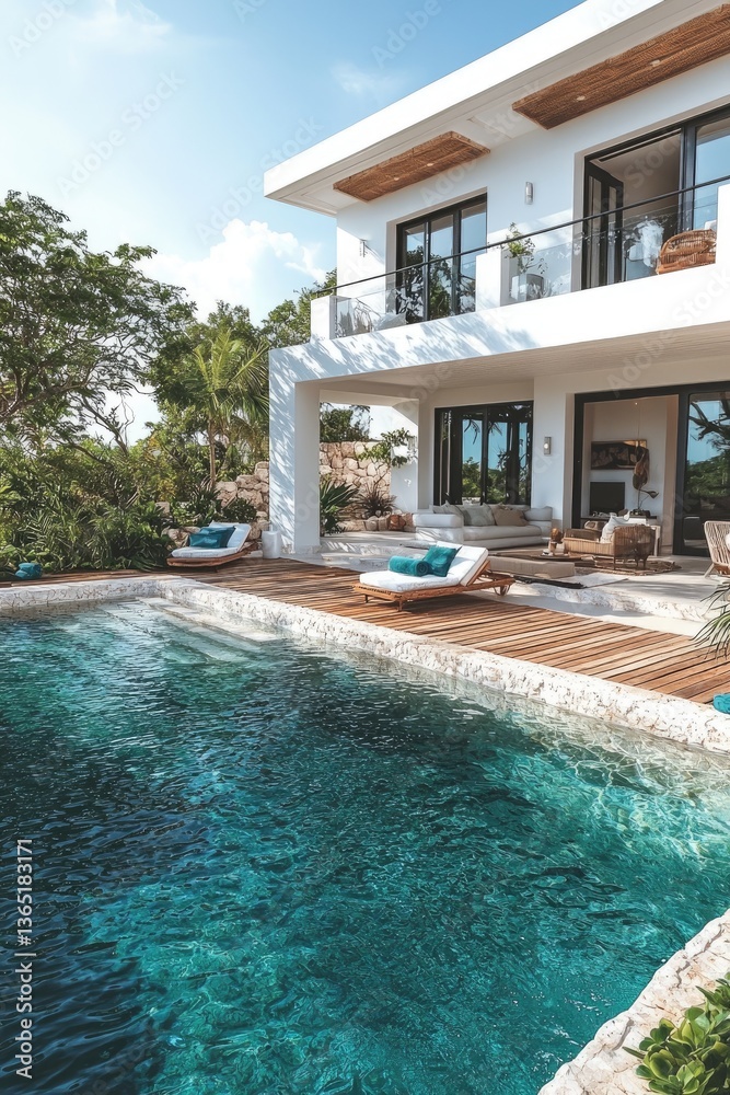Fototapeta premium Luxurious villa with a swimming pool and comfortable outdoor lounging spaces