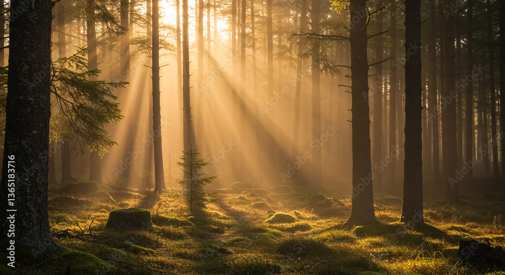 Fototapeta premium Sunrays Filtering Through Enchanted Forest