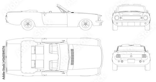 A car is shown in a series of drawings, with the front and back views shown in detail. The car is a classic model, with a sleek design and a convertible top. Scene is one of elegance