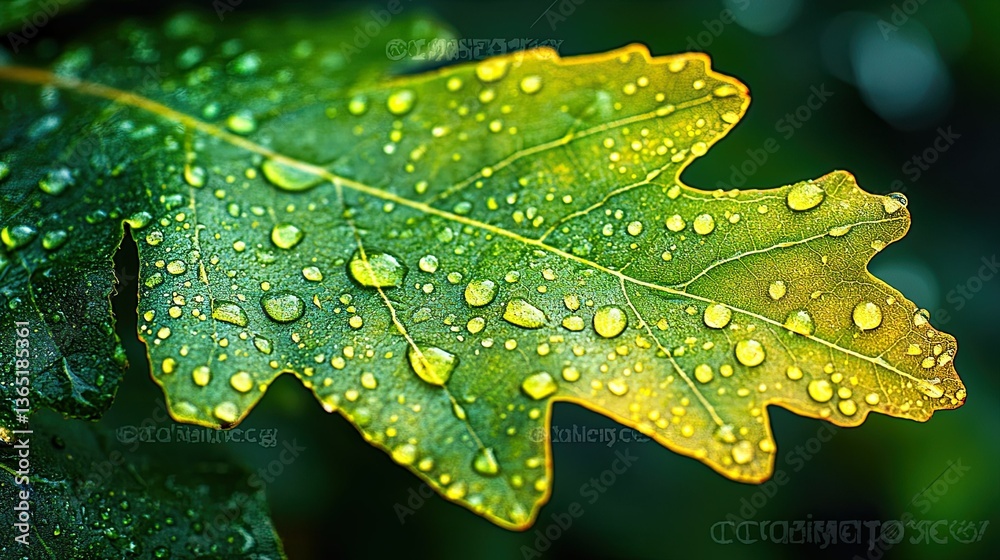 Fototapeta premium Wet Green Acorn Leaf with Raindrops, Capturing the Beauty of Nature's Wet and Refreshing Look