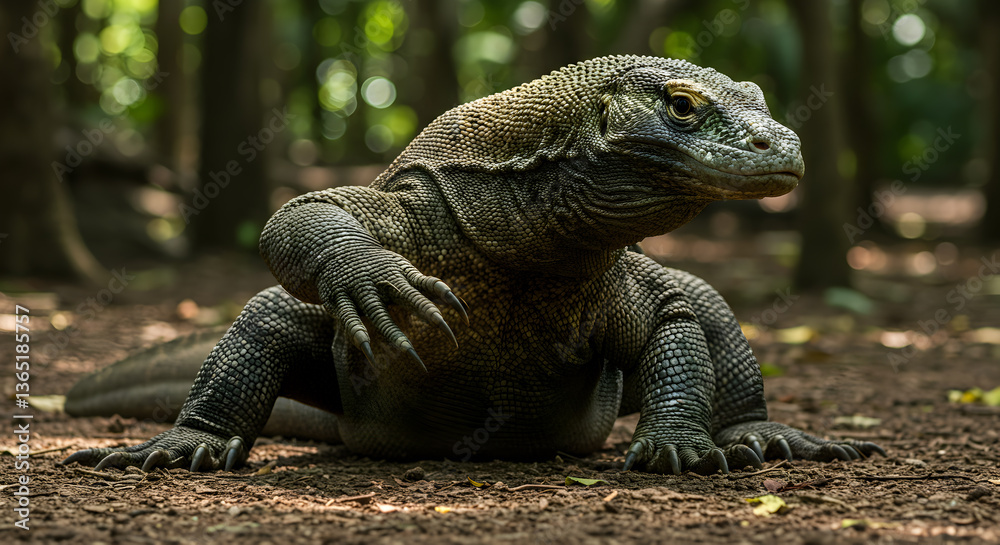 Obraz premium Intense komodo dragon observing the environment in natural habitat daytime