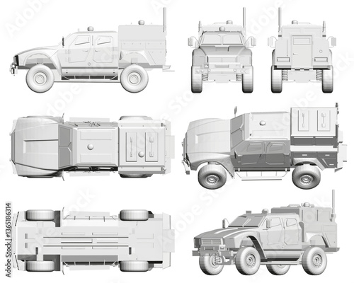 Set with military vehicle. The vehicle is shown from side, back, front, above view. 3D