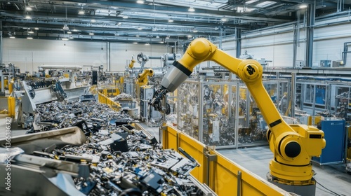 An advanced recycling plant where robotic arms are sorting and processing rare earth metals from discarded electronics, AI-powered scanning systems identifying valuable materials, High-tech style