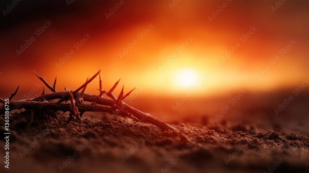 A striking image of a crown of thorns resting on the earth evokes deep symbolism of sacrifice, pain, and redemption, connecting humanity's struggles to spiritual beliefs and truths. A striking image of a crown of thorns resting on the earth evokes deep symbolism of sacrifice, pain, and redemption, connecting humanity's struggles to spiritual beliefs and truths.