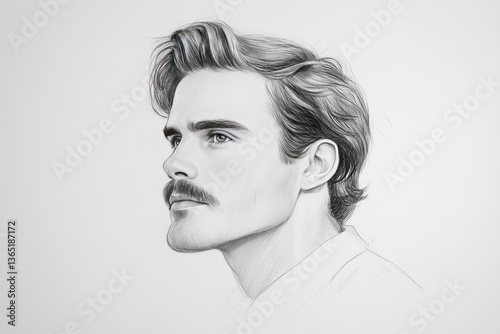 A detailed sketch of a man with a mustache, gazing thoughtfully to the side, showcasing artistic talent