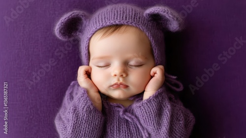 A serene image of a sweet baby peacefully napping in a soft purple knit outfit and bear hat, embodying tranquility and comfort in a delightful setting.