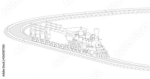 A train is traveling down a track. The train is black and white. The train is moving fast