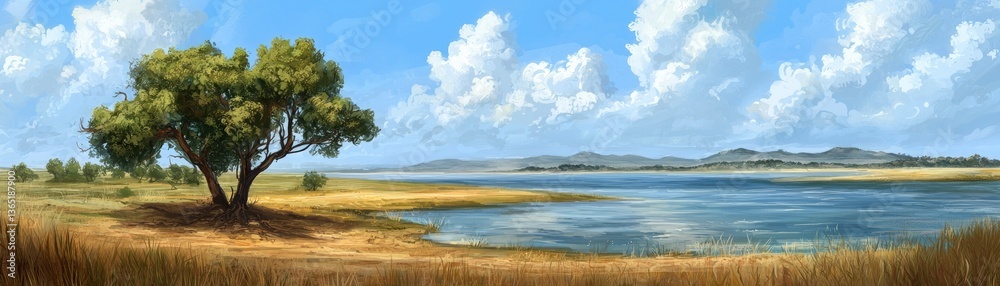 Sunny lake, lone tree, tranquil landscape, serene background, nature wallpaper Sunny lake, lone tree, tranquil landscape, serene background, nature wallpaper