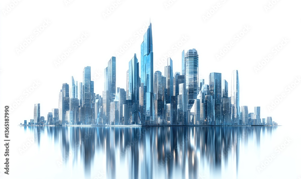 Fototapeta premium Futuristic city skyline reflected in water. Modern skyscrapers and buildings forming a dense urban landscape, with a mirrored reflection below