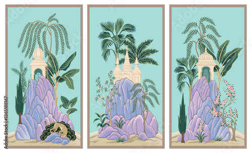 Hunting leopard, palm trees, floral tree, plant, architecture, violet mountain panels blue background. Oriental vintage mural.