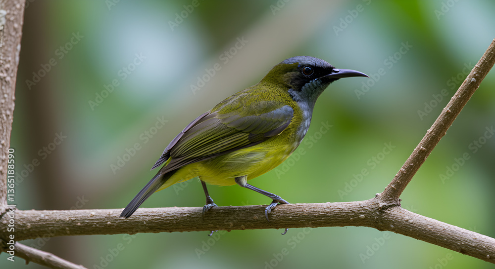 Fototapeta premium Graceful Orange-bellied Leafbird Perched on Branch Amidst Lush Green Canopy