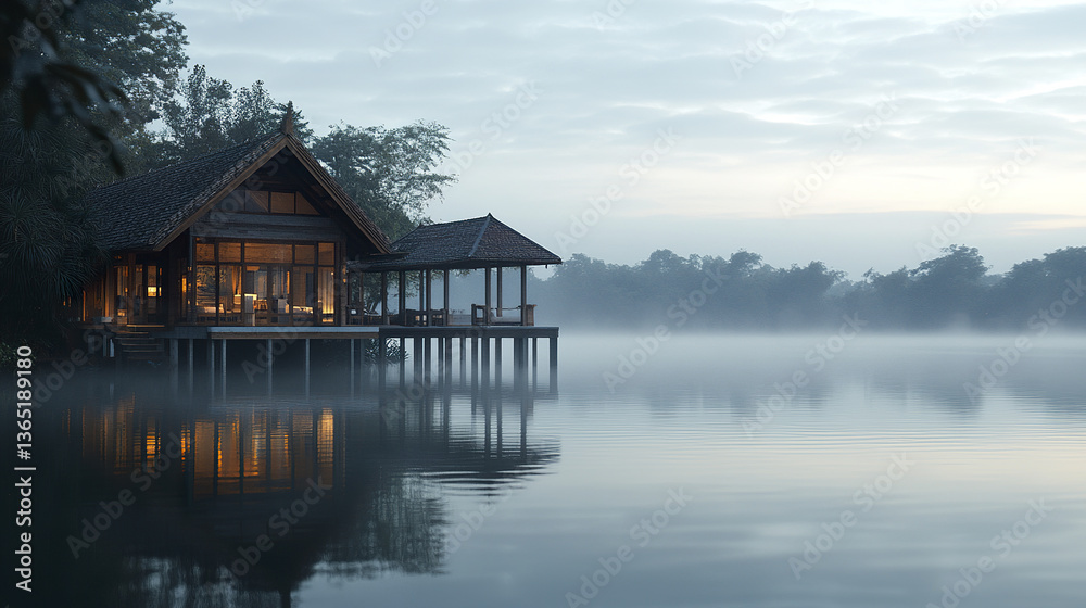 Fototapeta premium serene Thai lakeside house reflects on calm water at dawn