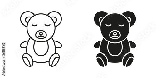Sleeping Teddy Bear Line and Silhouette Icon Set. Childhood Comfort and Bedtime Toy Symbol. Cozy Plush Toy for Bedtime Rest. Editable Stroke. Isolated Vector Illustration
